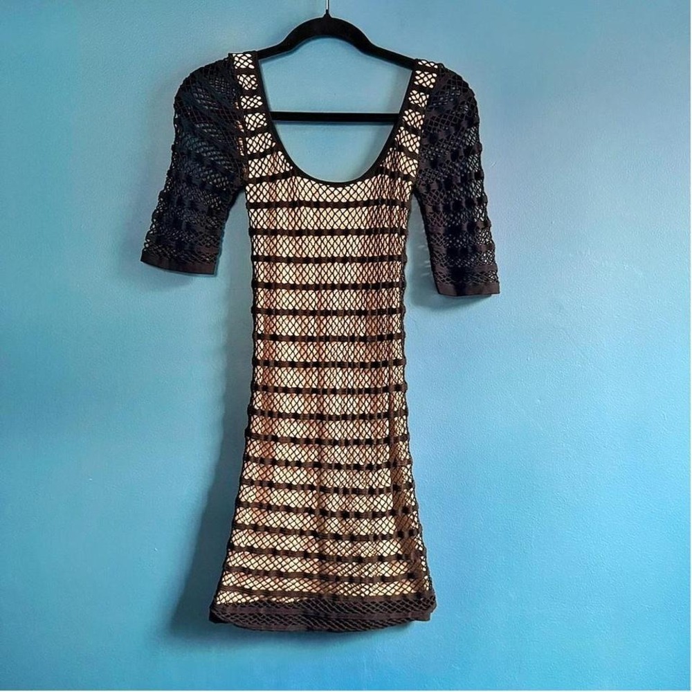 Y2K Bebe Bandage Dress Women's Size Small Black Tan‎ Fishnet Bodycon Punk Indie